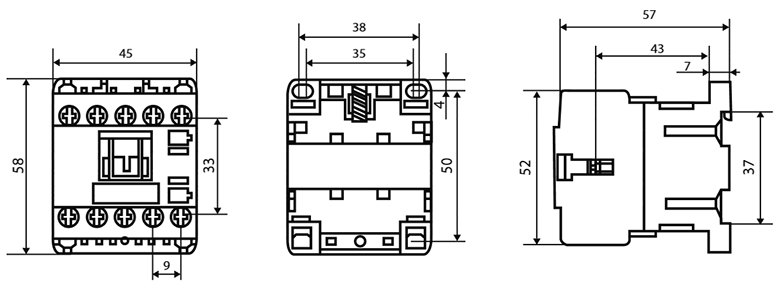 Габаритные размеры электромагнитного контактора ПМ 0-06-01 (LC1-K0601)